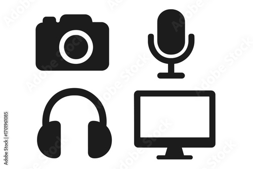 Media equipment icons set in black silhouette style. Vector collection with camera, microphone, headphones, screen symbols for podcasting, streaming, video and audio production.