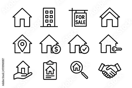 Real estate line icon set. Property business symbol collection. House for sale, home search, mortgage, and contract signs. Vector icons for agent, broker, and investment.