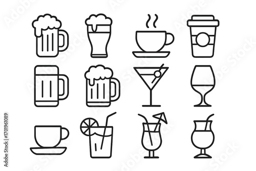 Drinks and beverages line icon set. Vector symbols for bar menu, cafe, and restaurant. Minimalist outline pictograms of beer, coffee, wine, cocktails, and juice.