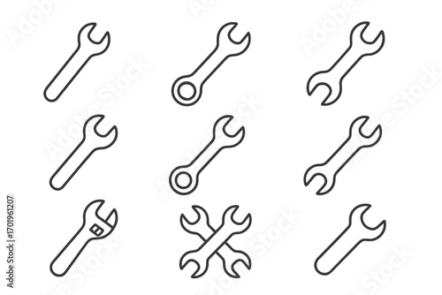 Pack of minimalistic linear wrench icons set, editable stroke vector tools collection, simple outline spanner icons for design, apps, banners, posts, repair and maintenance tools illustration