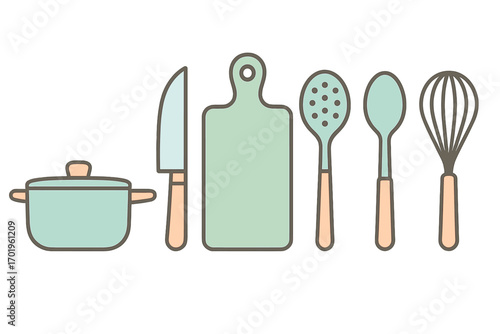 Minimalist pastel kitchen utensils set, cooking tools collection with pot, knife, cutting board, slotted spoon, spoon, whisk, modern home cooking vector cartoon illustration