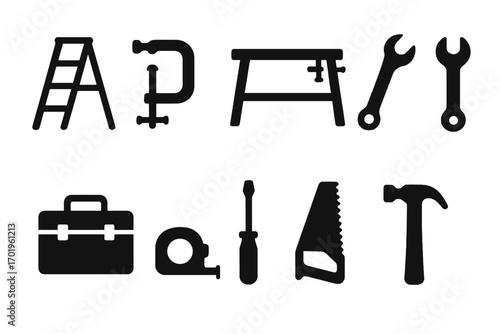 Tool icon set for workshop and repair. Minimalist black vector silhouette collection with hammer, saw, wrench, ladder, and clamp. DIY construction and carpentry graphics.