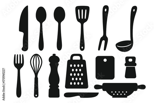 Minimalist kitchen tools silhouette set, vector cartoon illustration, transparent background, culinary utensils collection, cooking icons, kitchenware assortment