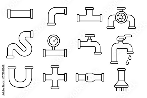 Thin line pipe icons pack, editable stroke vector set for plumbing, water pipes, valves, faucets, gauges, and connectors, web, app, book, card design, transparent background