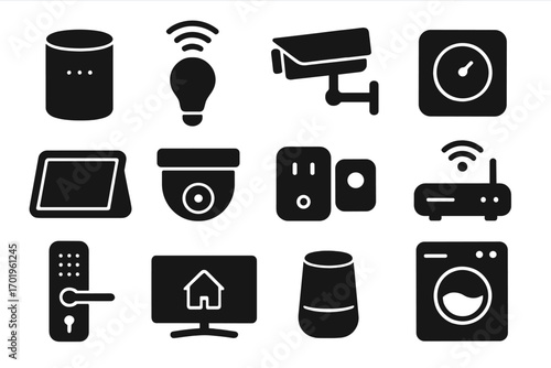 Minimalist smart home icons set with black silhouette style, smart gadgets and devices vector illustration, home automation technology, wireless system symbols