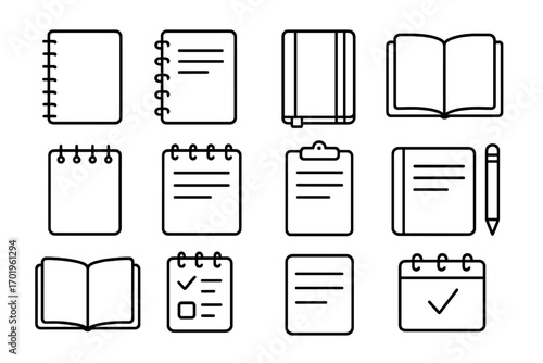 Notebook and book line icons set for notes, writing, checklist, planner, diary, and calendar. Editable stroke vector illustration for websites, apps, cards, and books