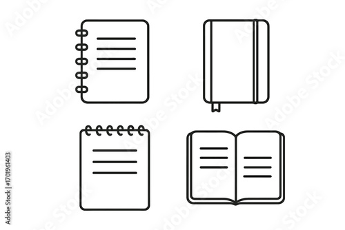 Thin line notebook and book icons collection, vector editable stroke set for notes, writing, reading, diary, journal, open book, spiral and hardcover, digital apps, websites, card designs