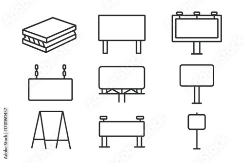 Sandwich panel construction material and various billboard signboard line icons set, editable stroke minimalistic linear pictograms for design cards, apps, banners, posts, vector cartoon