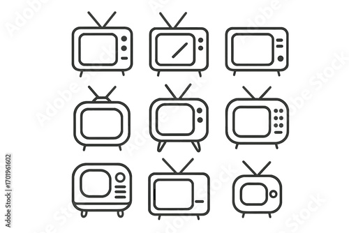 Set of minimalistic linear TV set icons, editable stroke design, vintage television vector pictograms for cards, apps, banners, social media posts, retro TV illustrations