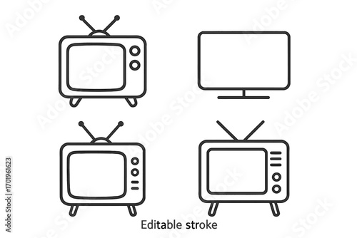 Pack of Editable Stroke TV Set Line Icons, Minimalistic Linear TV Pictogram Collection, Retro and Modern Television Symbols for Design, Apps, Banners, Posts, Transparent Vector Illustration
