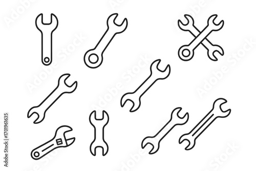 Pack of minimalist linear wrench icons with editable stroke. Set of vector tools symbols for design, apps, banners, cards, posts, construction, repair, and maintenance concepts.