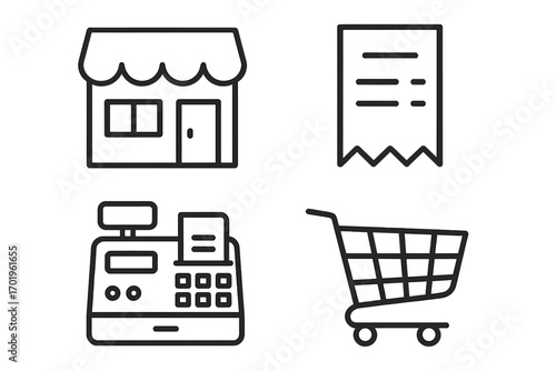 Shopping outline simple icons bundle with store receipt cash register and shopping cart, retail commerce symbols for design, apps, websites, marketing, vector cartoon set