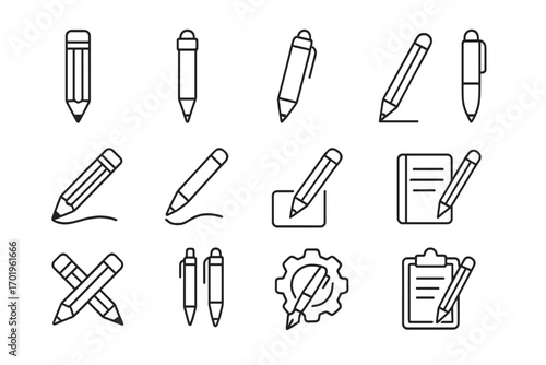 Pen and pencil line icons set for websites, books, cards, apps. Editable stroke, vector cartoon illustration with writing, drawing, notes, settings symbols for design