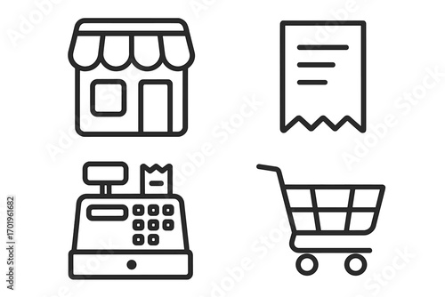 Shopping outline simple icons bundle with store, receipt, cash register, and shopping cart vector set, minimalist design for cards, posts, apps, websites, e-commerce concept