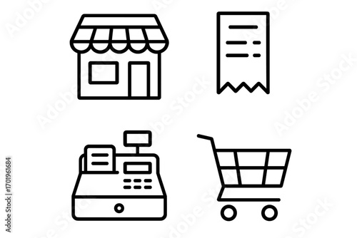Shopping outline simple icons bundle with store, receipt, cash register, and shopping cart. Vector cartoon design for cards, posts, apps, websites, commerce, retail, business concepts