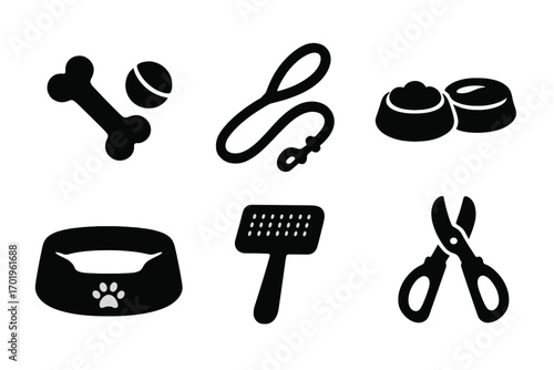 Silhouette pet care essentials icons set with dog bone toy, leash, feeding bowls, bed with paw print, grooming brush, and scissors, vector cartoon illustration transparent background
