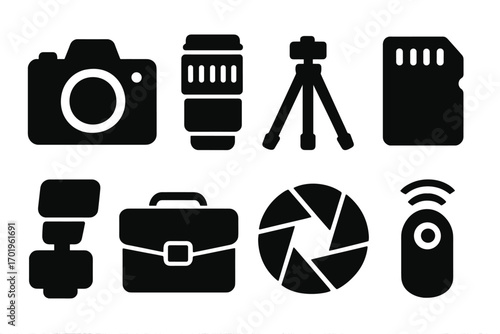 Photography equipment icon set with camera, lens, tripod, SD card, flash, bag, aperture, remote control in bold silhouette style, vector cartoon illustration, transparent background
