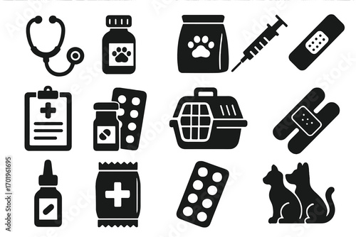 Pet healthcare icons set, veterinary medical equipment and supplies, black silhouette style vector cartoon illustration, medicine, pills, syringe, pet carrier, bandages, animal care tools