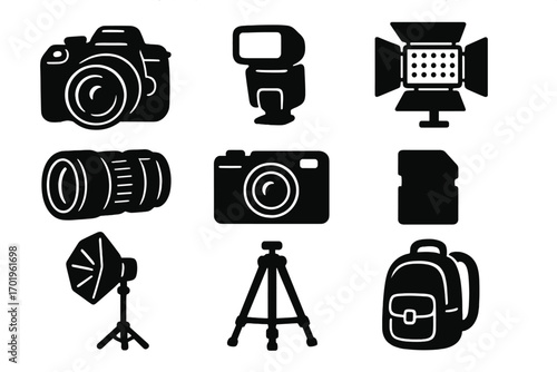 Photography equipment icons set in black silhouette style, vector cartoon illustration with transparent background, ordered collection of camera gear symbols and accessories, professional photo tools