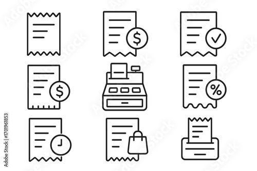 Minimalist Store Receipt Icons Collection, Editable Stroke Outline, Linear Vector Pictograms for Apps, Cards, Banners, Shopping, Payments, Shopping Cart and Sales Concept