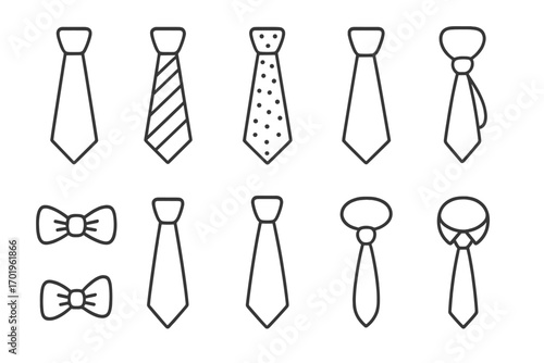 Tie and Bow Tie Thin Line Icon Collection, Editable Stroke Vector Set for Websites, Books, Cards, Apps, Cartoon Style, Transparent Background, Fashion Accessories, Clothing Symbols