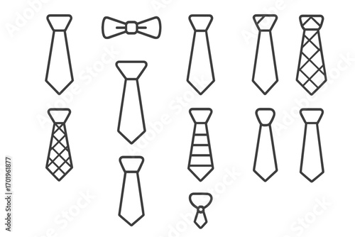 Thin line tie icon collection, editable stroke set with bow tie and various tie styles, classic and modern neckwear, vector cartoon illustration for web, books, cards, apps, transparent background