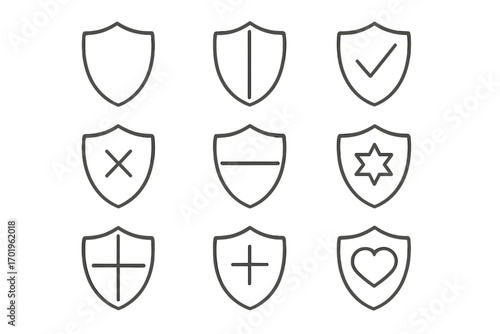 Minimalistic Shield Line Icon Set with Editable Stroke for Security, Protection, Safety, and Medical Concepts, Vector Linear Pictogram for Cards, Apps, Banners, and Posts