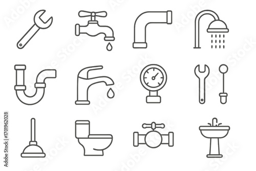 Plumbing and bathroom tools icon set, vector line art illustration with faucets, pipes, shower, wrench, toilet, sink, pressure gauge, plunger, and valve symbols, plumbing repair and maintenance icons