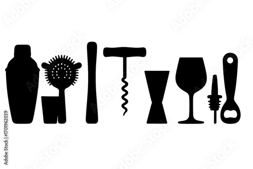 Silhouette bar tools set including cocktail shaker, strainer, muddler, corkscrew, jigger, wine glass, bottle stopper, and bottle opener vector illustration with transparent background, ordered set
