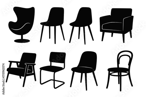 Silhouette collection of diverse modern chair designs, minimalist black vector icons, contemporary furniture styles, armchairs, dining chairs, lounge seats, classic and trendy seating set