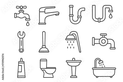 Plumbing icons set including faucet, pipe, wrench, plunger, showerhead, tap, glue, toilet, sink, bathtub with shower, line art vector illustrations for home repair and bathroom fixture concepts