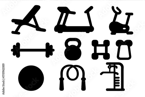Silhouette gym equipment icons set for fitness and workout themes, vector cartoon illustration with transparent background, barbell, treadmill, kettlebell, dumbbells, jump rope, exercise bike
