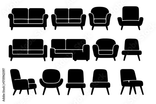 Silhouette collection of modern sofas and chairs icons, vector cartoon illustration set with transparent background, stylish living room furniture symbols, home decor seating designs