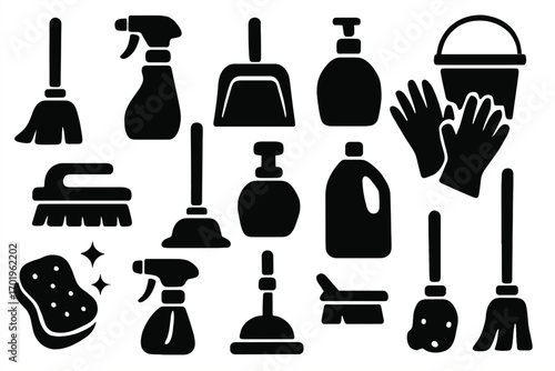 Silhouette icons of cleaning tools and supplies for housekeeping, vector cartoon illustration with transparent background, ordered set of brooms, brushes, sprays, gloves, sponges, bucket and detergent