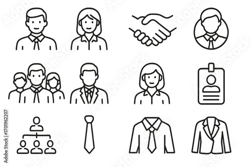Pack of staff and company related line icons, editable stroke design for websites, apps, business cards, includes linear images of worker, handshake, office clothing, professional team symbols
