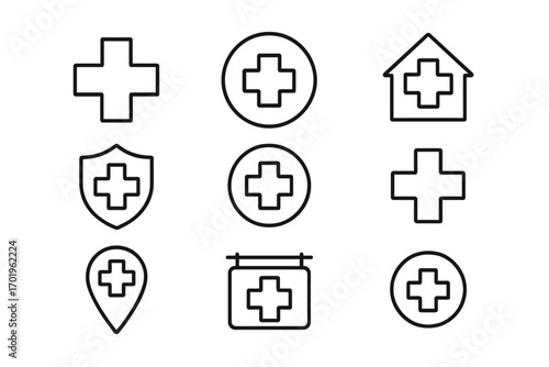 Medical cross hospital symbol icon pack with thin editable stroke lines, vector cartoon style. Suitable for websites, apps, books, health care cards, medical design elements.