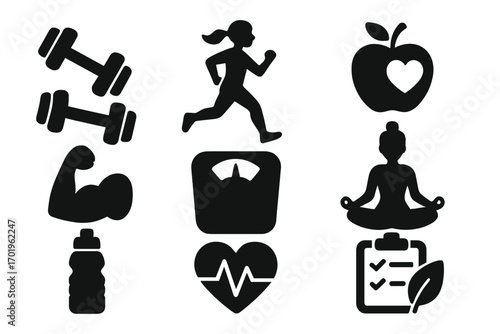 Silhouette icons of fitness and health activities, muscle strength, running, weight scale, heart rate, healthy apple with heart, yoga meditation, wellness checklist, lifestyle vector set