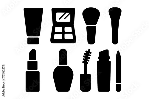 Silhouette icons of essential makeup tools for beauty and fashion, including lipstick, nail polish, mascara, brushes, eyeshadow palette, and eyeliner vector illustration