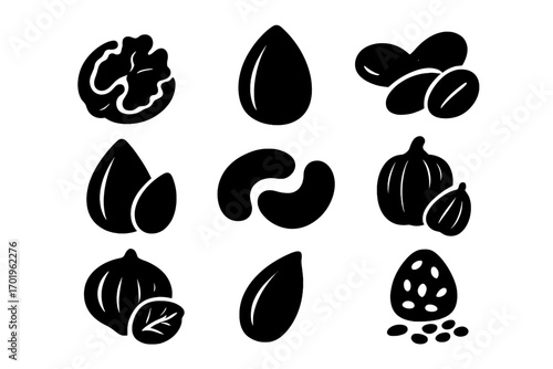 Silhouette icons of healthy nuts and seeds collection, modern design set of natural food vector illustrations with transparent background, assorted nuts and seed shapes