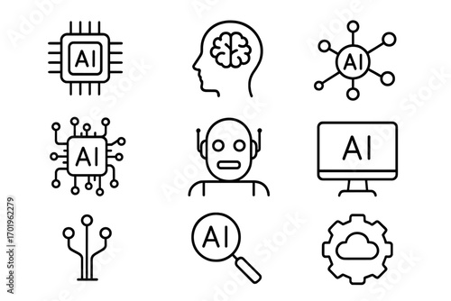 Artificial Intelligence line icon set. AI technology, machine learning, robotics, neural network, and deep learning concepts. Editable stroke vector pictogram for web and app design.