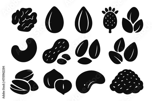Silhouette icons of healthy nuts and seeds in modern vector style, almond, cashew, peanut, pistachio, hazelnut, sunflower seed, pumpkin seed, pine nut, chia, sesame, nutritious food set