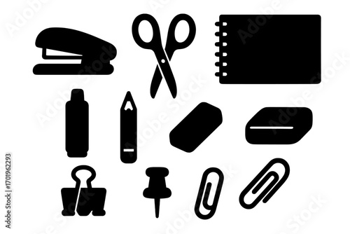 Silhouette office supplies icon set with stapler, scissors, pencil, notebooks, clips, erasers, pins, marker. Vector cartoon illustration with transparent background, organized stationery collection
