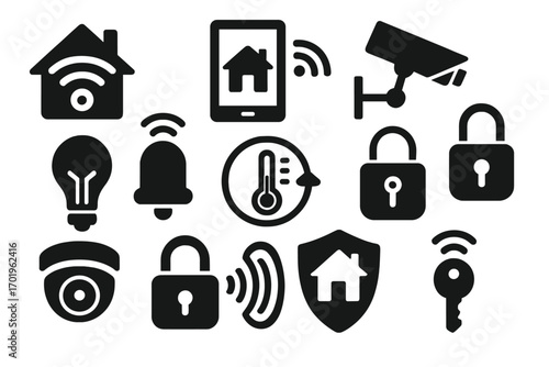 Smart home icons set silhouette symbols for modern home automation, security system, wireless control, surveillance camera, smart lock, thermostat monitoring, and connected devices