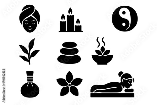 Spa and wellness icons collection, relaxation symbols in black silhouette style, vector cartoon illustrations set with transparent background, calming therapy and self-care elements