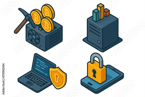 Isometric tech gadgets set with bitcoin mining, data analytics server, cybersecurity laptop shield, and smartphone lock icon, digital security and blockchain concept vector illustration