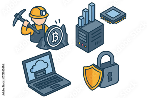 Isometric Tech Gadgets Vector Set Featuring Bitcoin Mining, Data Analytics, Cloud Computing, and Cybersecurity Lock with Shield Illustration