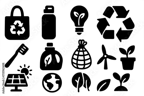 Silhouette icons of eco-friendly products and sustainability symbols, reusable bag, water bottle, light bulb with plant, recycling symbol, solar panel, wind turbine, earth globe, plant pot