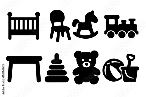 Children's room black silhouette icons. Set of vector furniture and toys. Baby crib, table, chair, rocking horse, train, teddy bear. Kids playtime graphic elements.