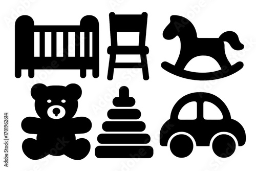 Children's furniture and toys icon set. Black silhouette vector graphic. Baby cot, kid's chair, rocking horse, teddy bear, pyramid toy and car. Nursery items and playtime symbols.