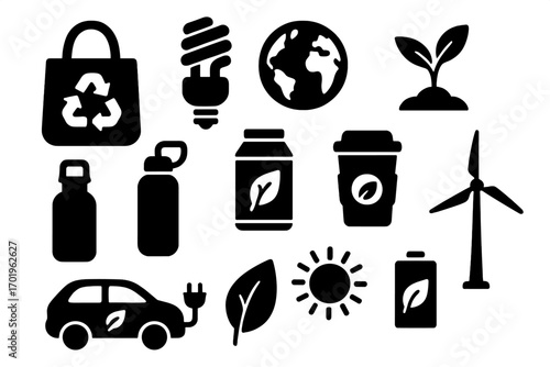 Silhouette icons of eco-friendly products, sustainable energy symbols, reusable bottles, electric car, green energy, recycling, solar and wind power, environmental protection vector set